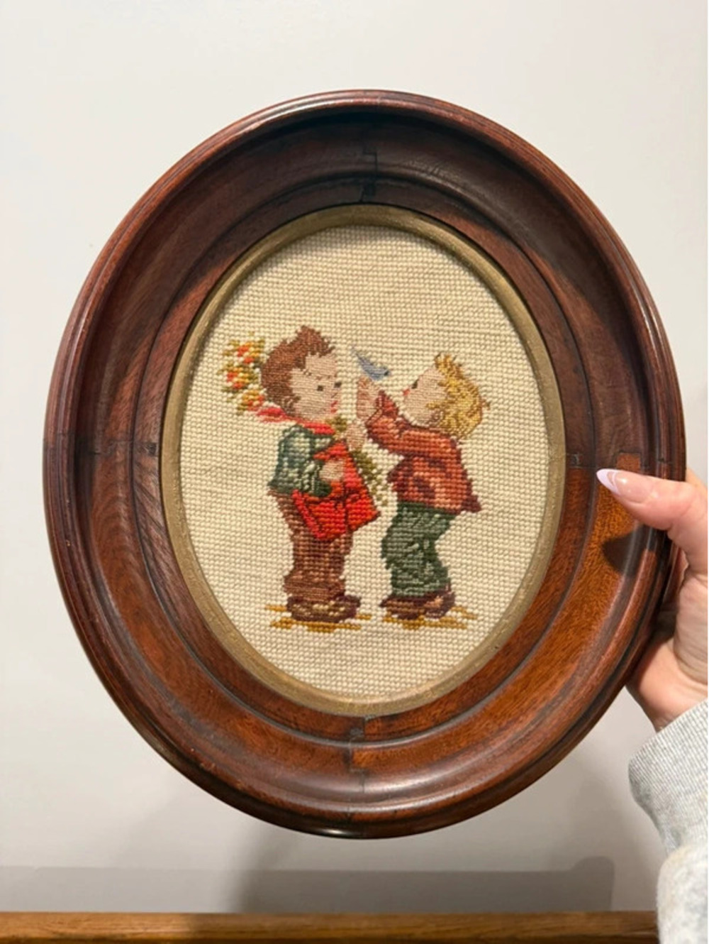 Vintage Two Boys Needlepoint Wall Art Thick Oval Wood Frame